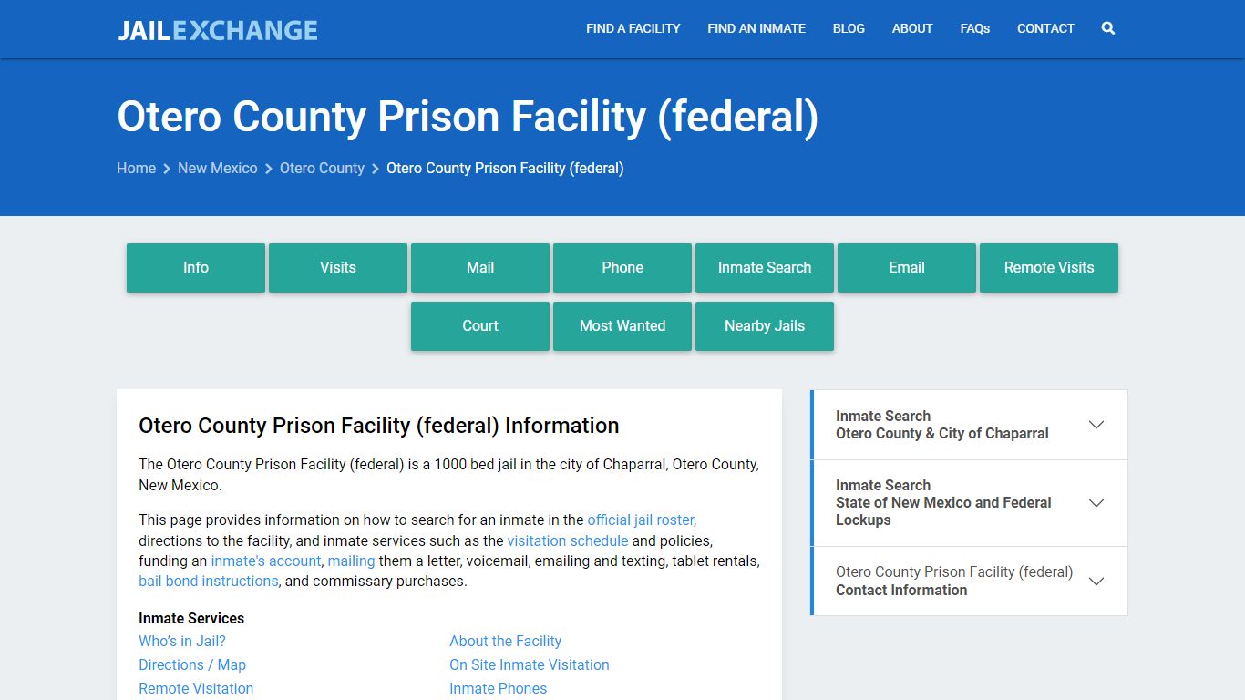 Otero County Prison Facility (federal), NM Inmate Search, Information